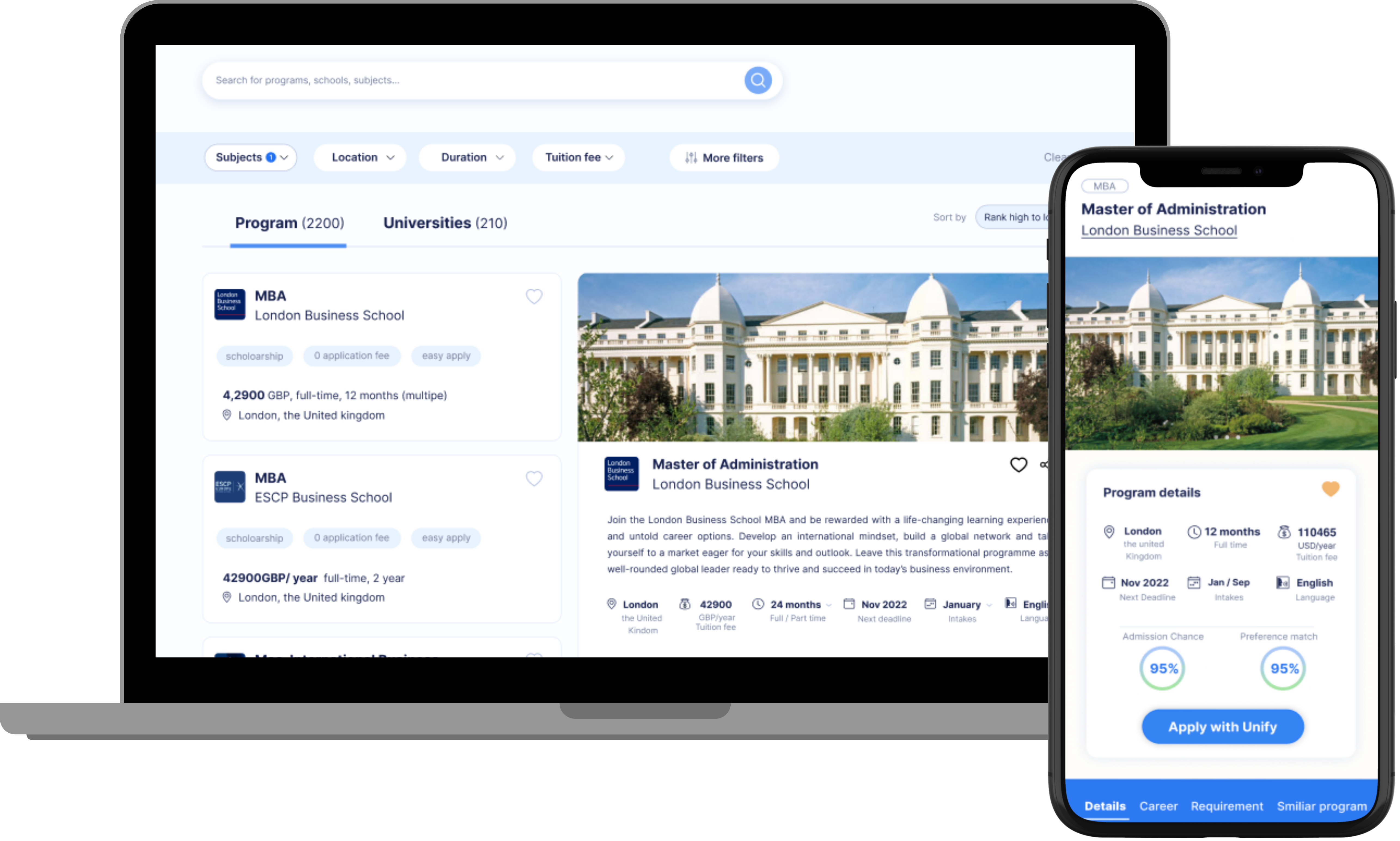 Mockup de Plataforma para explorar y postular a postgrados internacionales.