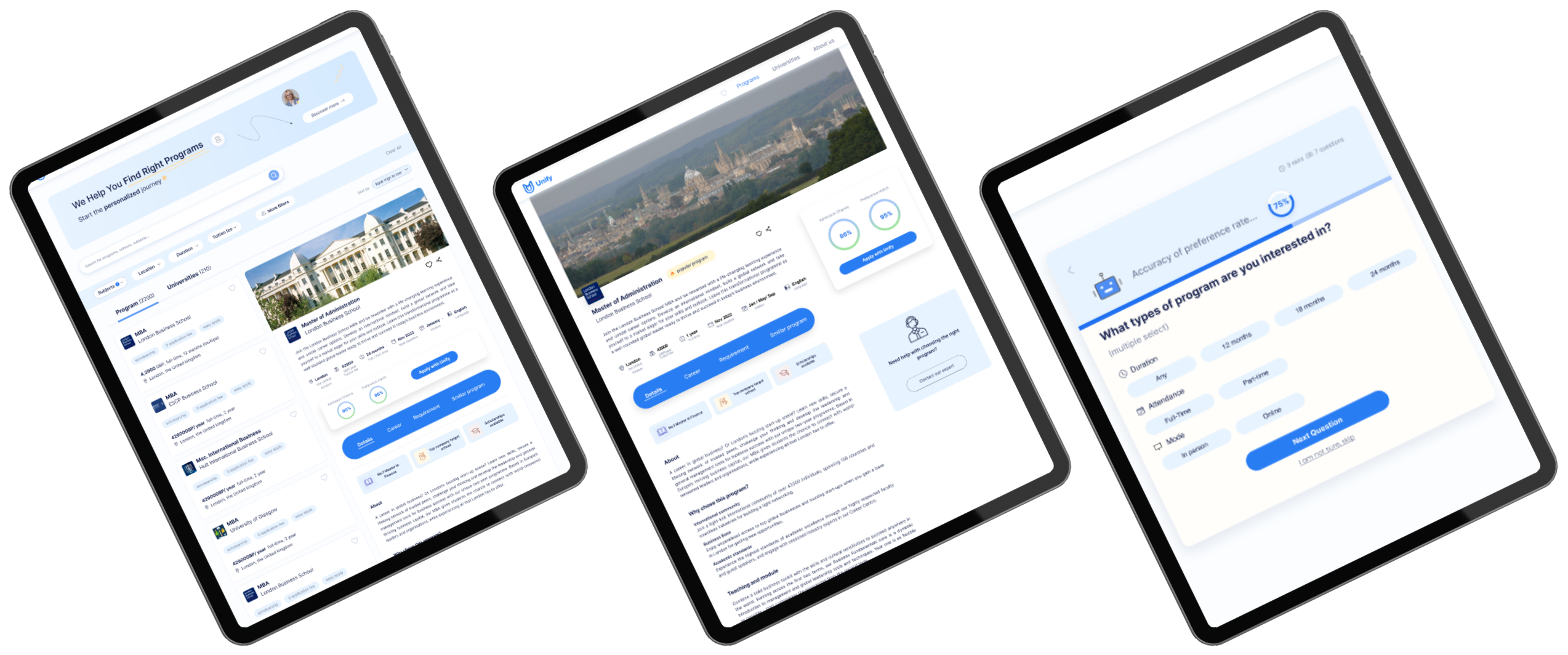 Vista en tablets de Plataforma para explorar y postular a postgrados internacionales.