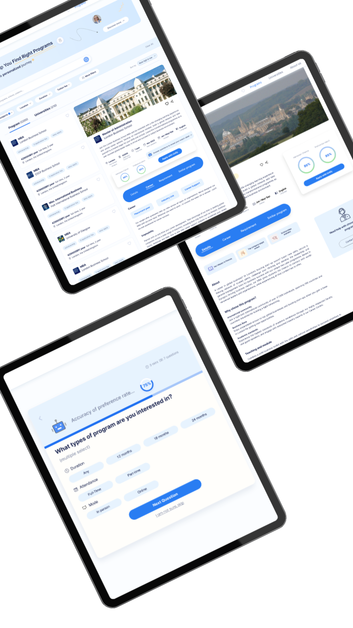 Vista móvil de Plataforma para explorar y postular a postgrados internacionales.